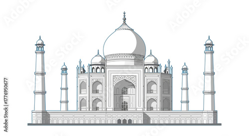 The Taj Mahal depicted in detailed clean white outlines