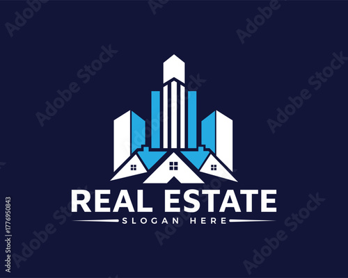 Modern real estate logo with city skyline and houses, isolated on dark blue background