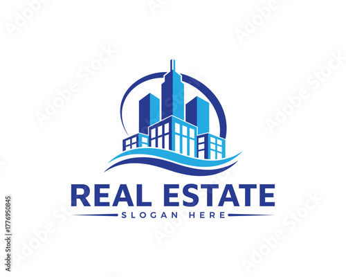 Abstract real estate logo with city skyline and wavy element, isolated on white background