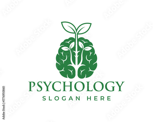 Green brain with growing plant and text psychology slogan here isolated on white background