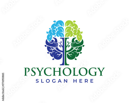 Colorful brain tree with psychology text and slogan isolated on white background