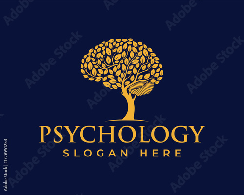 Psychology logo featuring a brain shaped tree in golden yellow on a dark blue background