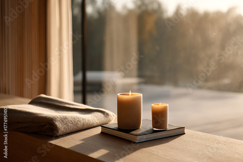 autumn cozy vibes, warm, inviting space filled with candles, books, and a cozy wool blanket, bathed in soft, autumnal orange hues