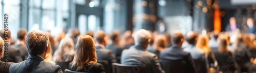 Blurred audience attending professional business conference concept. Blurry image of attendees engaging in a corporate conference.