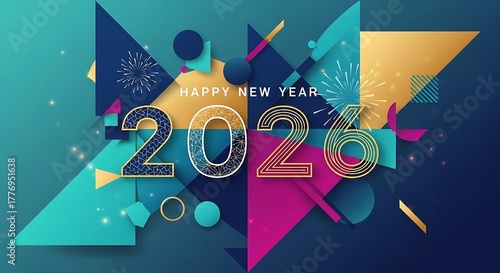 Colorful happy new year 2026 celebration with geometric background