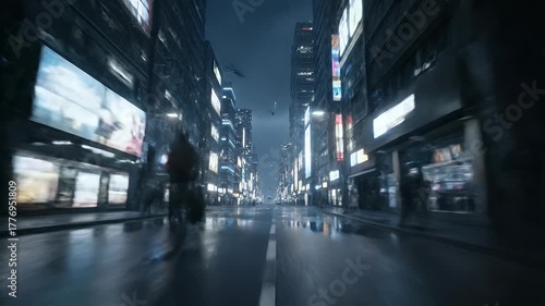 Cyberpunk Cityscape: Futuristic Urban Street Scene with Neon Lights and Dark Atmosphere