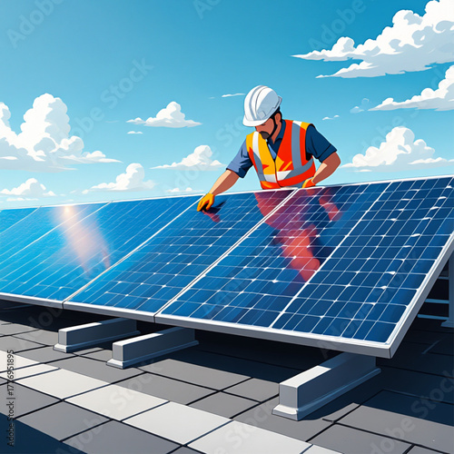 Worker installing solar panels on a rooftop under a blue sky