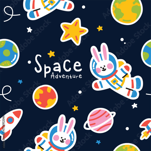 Cute bunny astronaut doodle seamless pattern 