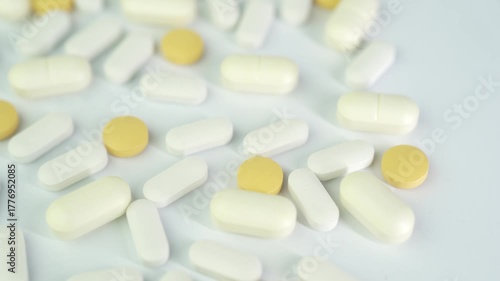 Assorted colorful pills and capsules, vitamin food supplements drugs Medicine softgel medical