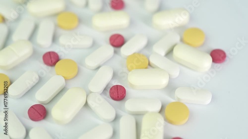Assorted colorful pills and capsules, vitamin food supplements drugs Medicine softgel medical