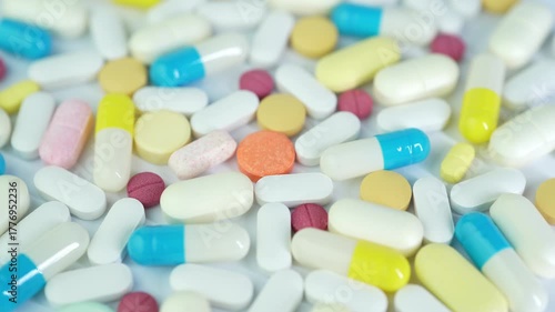 Assorted colorful pills and capsules, vitamin food supplements drugs Medicine softgel medical