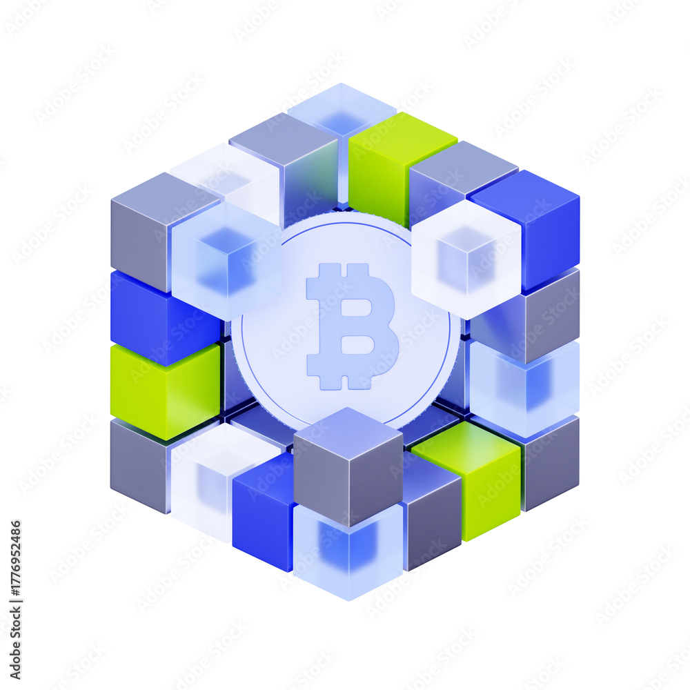 Obraz premium 3D icon of a Bitcoin coin surrounded by blockchain blocks For representing blockchain technology, the Bitcoin network, decentralized ledger systems, and cryptocurrency structure.