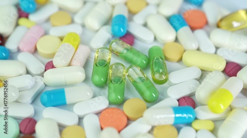 Assorted colorful pills and capsules, vitamin food supplements drugs Medicine softgel medical