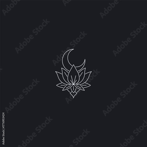 Moon and lotus line art calm night bloom elegant logo design.