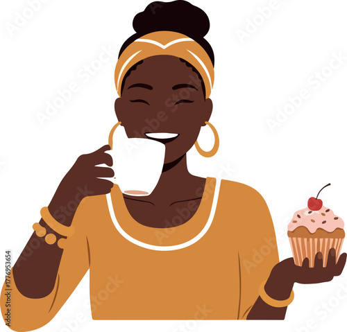 Woman Coffee Break Smiling With Cupcake and Coffee Cup Flat Illustration