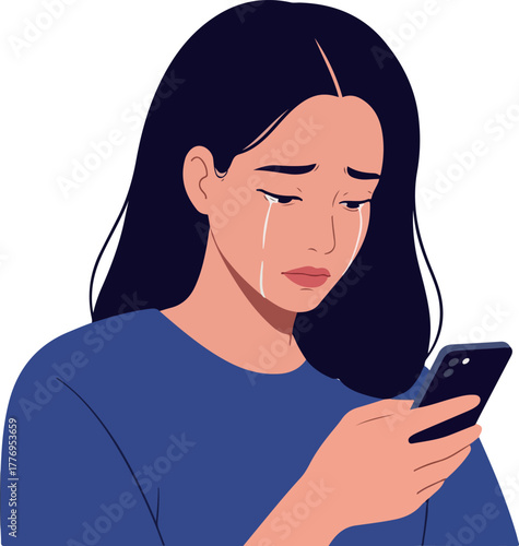 Woman Crying While Holding Phone Minimal Illustration Blue Background Isolated