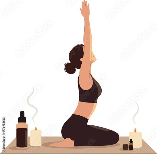 Woman Doing Yoga in Black Outfit with Candles and Essential Oils Flat Design