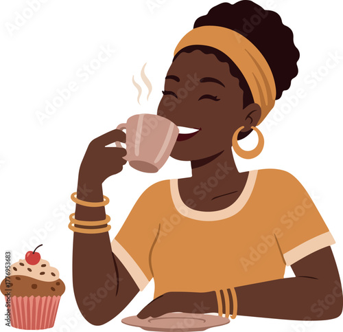 Woman Drinking Coffee and Eating Cupcake Flat Design Style