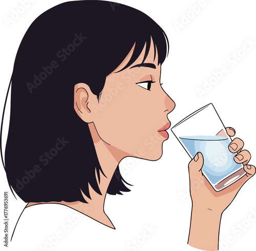 Woman Drinking Water From Glass White Background Flat Design