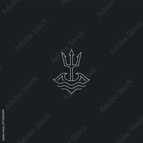 Trident and wave line art ocean power and control logo design.