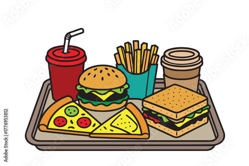 A lively and colorful vector composition of fast food favorites like burgers, pizza, fries, sandwiches, and soda, symbolizing modern eating, fun, and delicious comfort food.