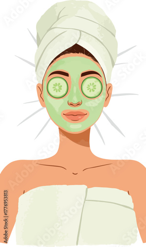 Woman Facial Skincare with Cucumber Slices and Green Mask Vector Art