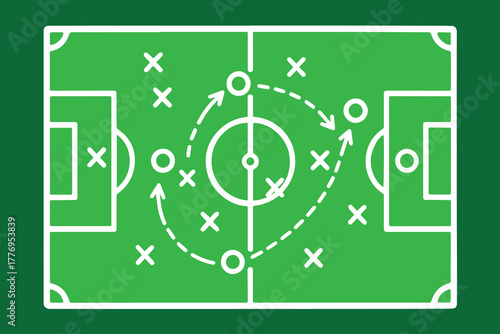 A green vector board shaped like a football field, filled with tactical team strategies, arrows, circles, and X marks representing movement and game planning precision.
