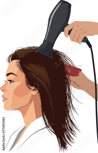 Woman Hair Drying with Blow Dryer Minimalist Vector Illustration