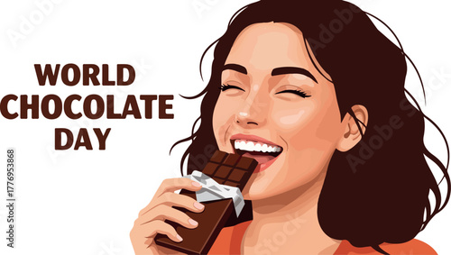 Woman Happy Eating Chocolate Bar World Chocolate Day Celebration Flat Design