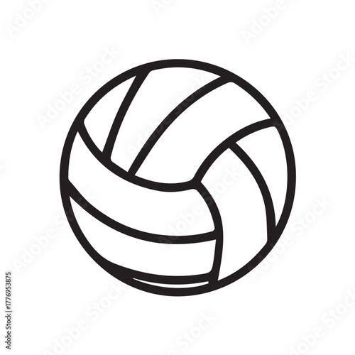 A black and white vector illustration of a volleyball, showcasing its classic panel design and sporty energy in a clean, minimalist style representing teamwork and motion.