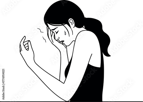 Woman In Black Tank Top Feeling Stressed With Hand On Forehead Line Art