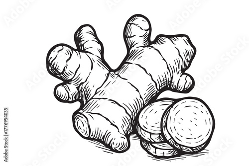 A monochrome vector artwork of ginseng, drawn with elegant detail to represent purity, energy, and its importance as a natural supplement in health boosting drinks.