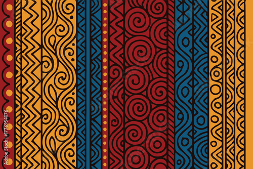 A vibrant ethnic traditional vector pattern featuring red, yellow, and blue hues, inspired by handmade textiles and cultural motifs that celebrate heritage and artistic craftsmanship.