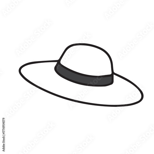 A simple black and white vector showing a round women’s beach hat, representing holiday leisure, feminine style, and sunny coastal adventures with a minimalist flair.