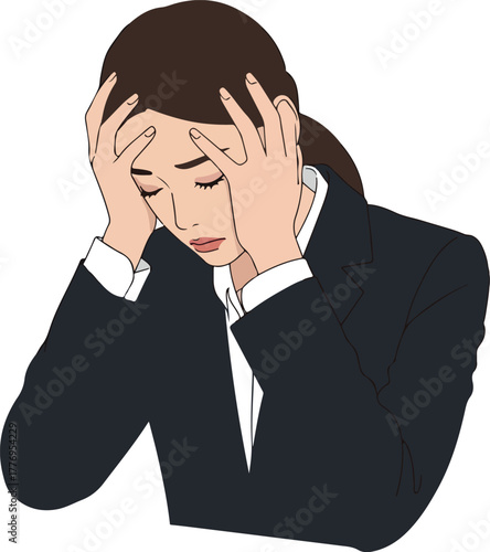 Woman In Suit Holding Head In Distress White Background Flat Design Vector