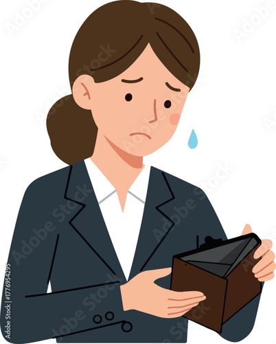 Woman In Suit Holding Empty Wallet Sad Expression Isolated White Background