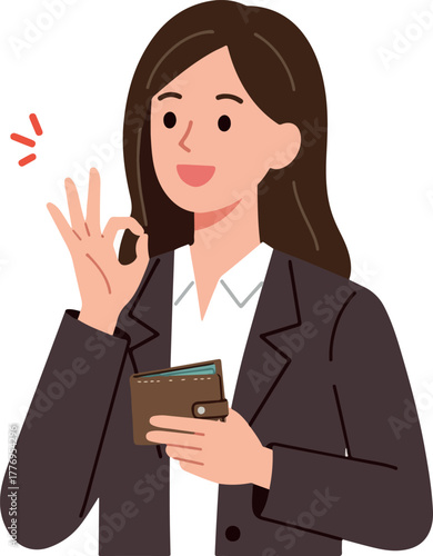 Woman in Suit Holds Wallet Showing OK Sign Flat Design Isolated