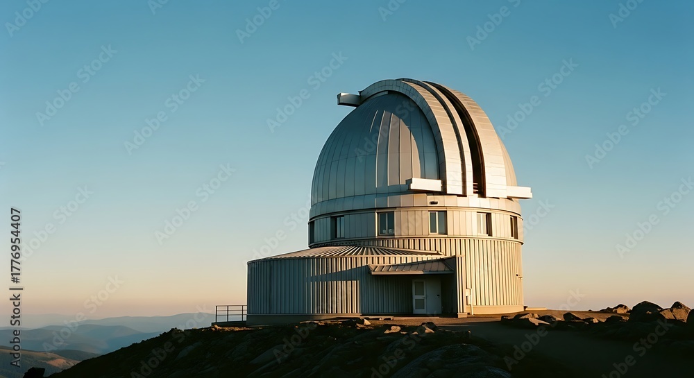 Fototapeta premium Astronomical Observatory Dome Against Clear Sky at Sunset.
