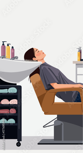 Woman Relaxing At Hair Salon Shampoo Bowl With Towels And Bottles