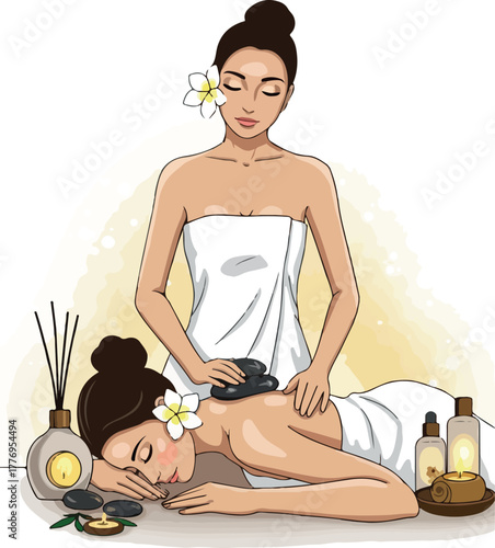 Woman Receiving Spa Hot Stone Massage From Therapist Gentle Touch