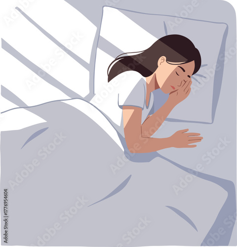 Woman Sleeping Peacefully in Bed with Sunlight Streaming Through Window