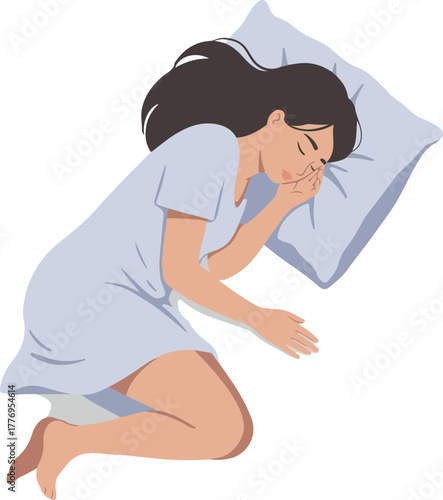 Woman Sleeping Peacefully On Blue Pillow Light Blue Nightgown Soft Lighting
