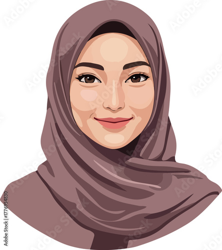 Woman Wearing Brown Hijab Smiling Portrait With Detailed Face Vector