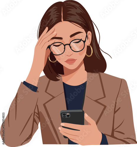 Woman With Glasses Holding Phone Looking Stressed In Brown Blazer Flat Design