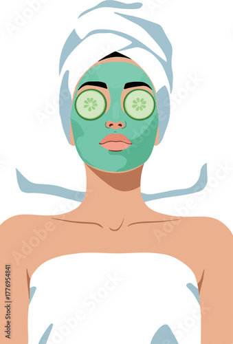 Woman With Face Mask And Cucumber Slices Relaxing In Spa
