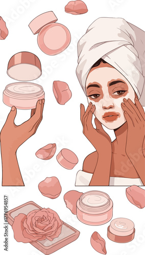 Woman With Facial Mask And Rose Petals Skincare Routine Flat Design