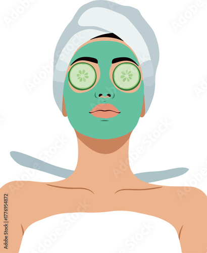Woman With Green Face Mask and Cucumber Slices On Eyes White Towel