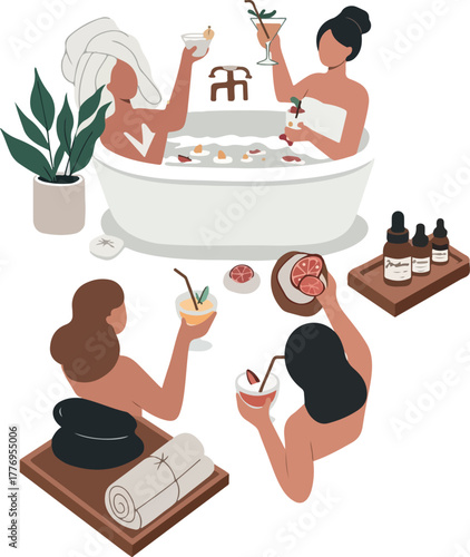 Women Enjoying Spa Day With Drinks In Bathtub And Relaxation Items