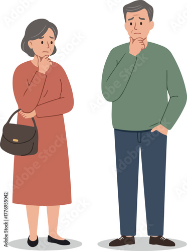 Worried Couple Pondering Problems With Hand On Chin Isolated