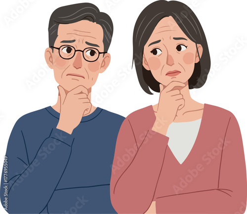 Worried Elderly Couple Thinking Thoughtful Pondering Expression Doubtful Mood